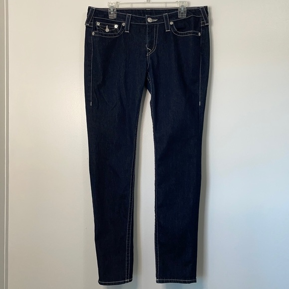 True Religion Crystal Flap Pockets Dark Wash Skinny Jeans Size 33 - Picture 2 of 10